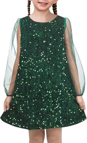 Sunny Fashion Girls Dress Black Sequin Sheer Mesh Long Sleeve Party Elegant Ball Gown