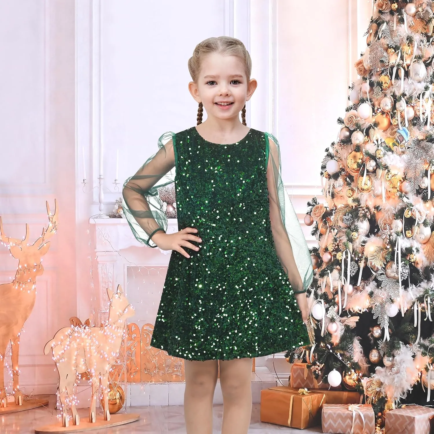 Sunny Fashion Girls Dress Black Sequin Sheer Mesh Long Sleeve Party Elegant Ball Gown