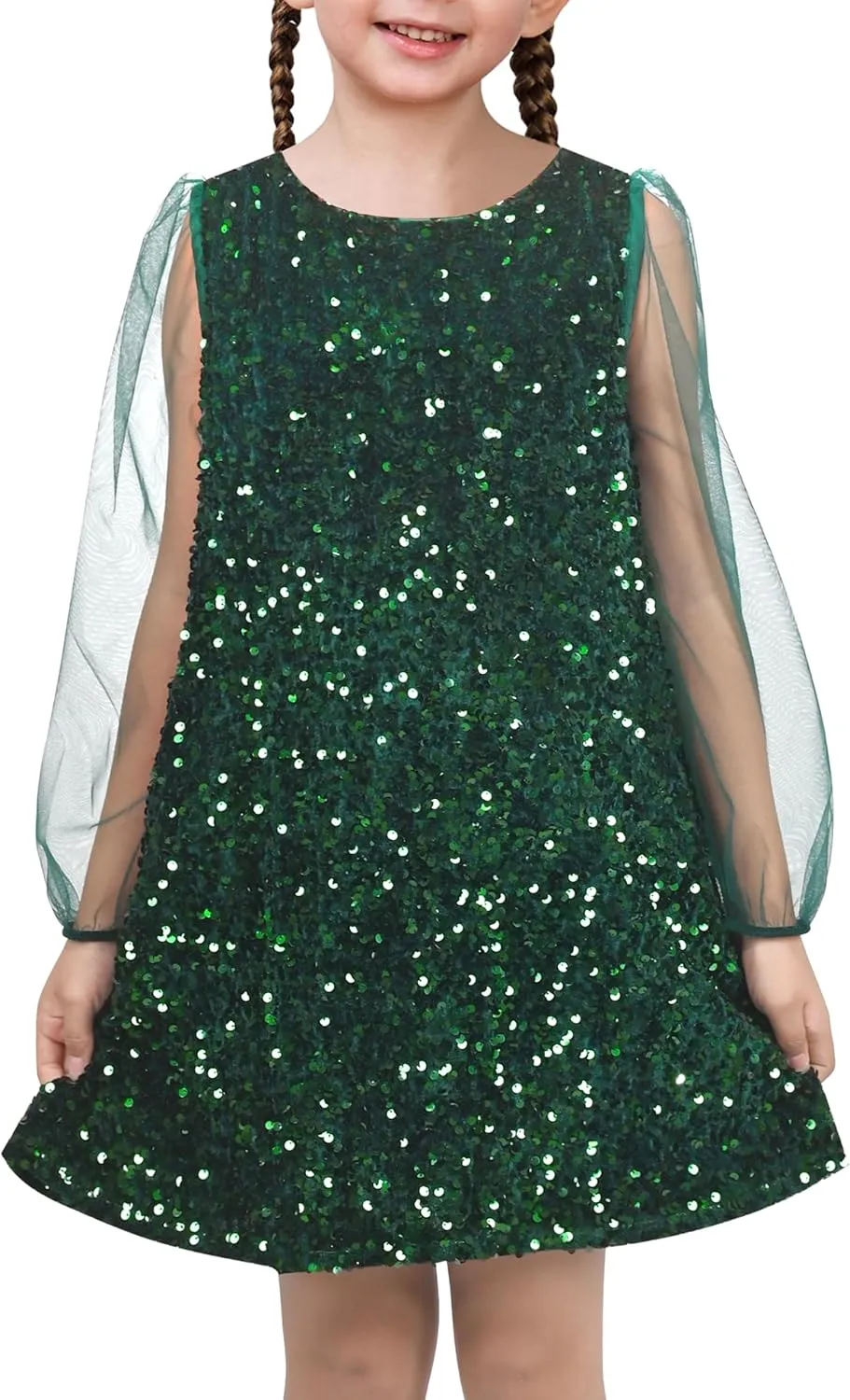 Sunny Fashion Girls Dress Black Sequin Sheer Mesh Long Sleeve Party Elegant Ball Gown