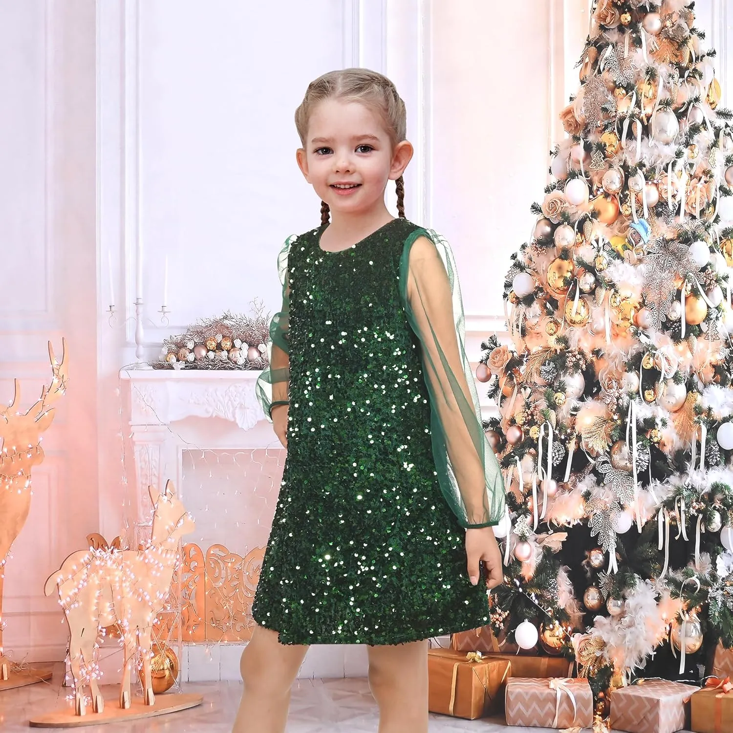 Sunny Fashion Girls Dress Black Sequin Sheer Mesh Long Sleeve Party Elegant Ball Gown
