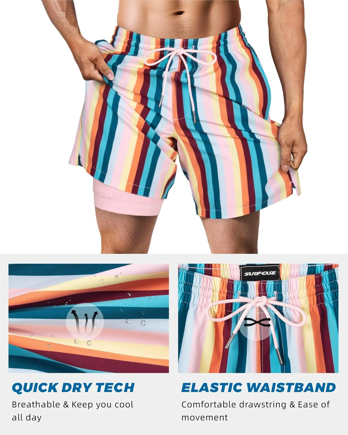 SURF CUZ Mens Swim Trunks with Compression Liner Swim Shorts 7" Swimming Trunks Stretch 7 Inch Swim Suits Quick Dry