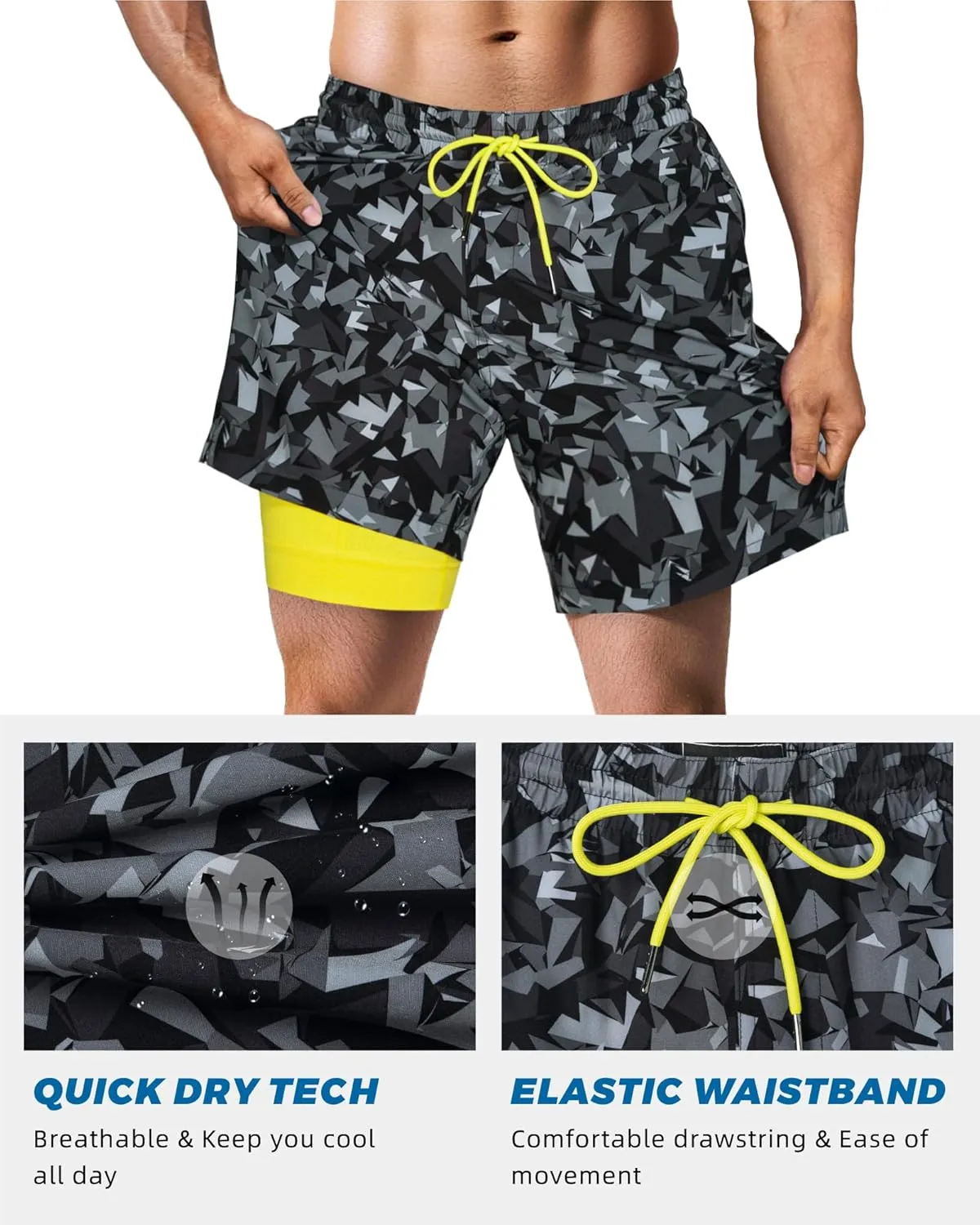 SURF CUZ Mens Swim Trunks with Compression Liner Swim Shorts 7" Swimming Trunks Stretch 7 Inch Swim Suits Quick Dry