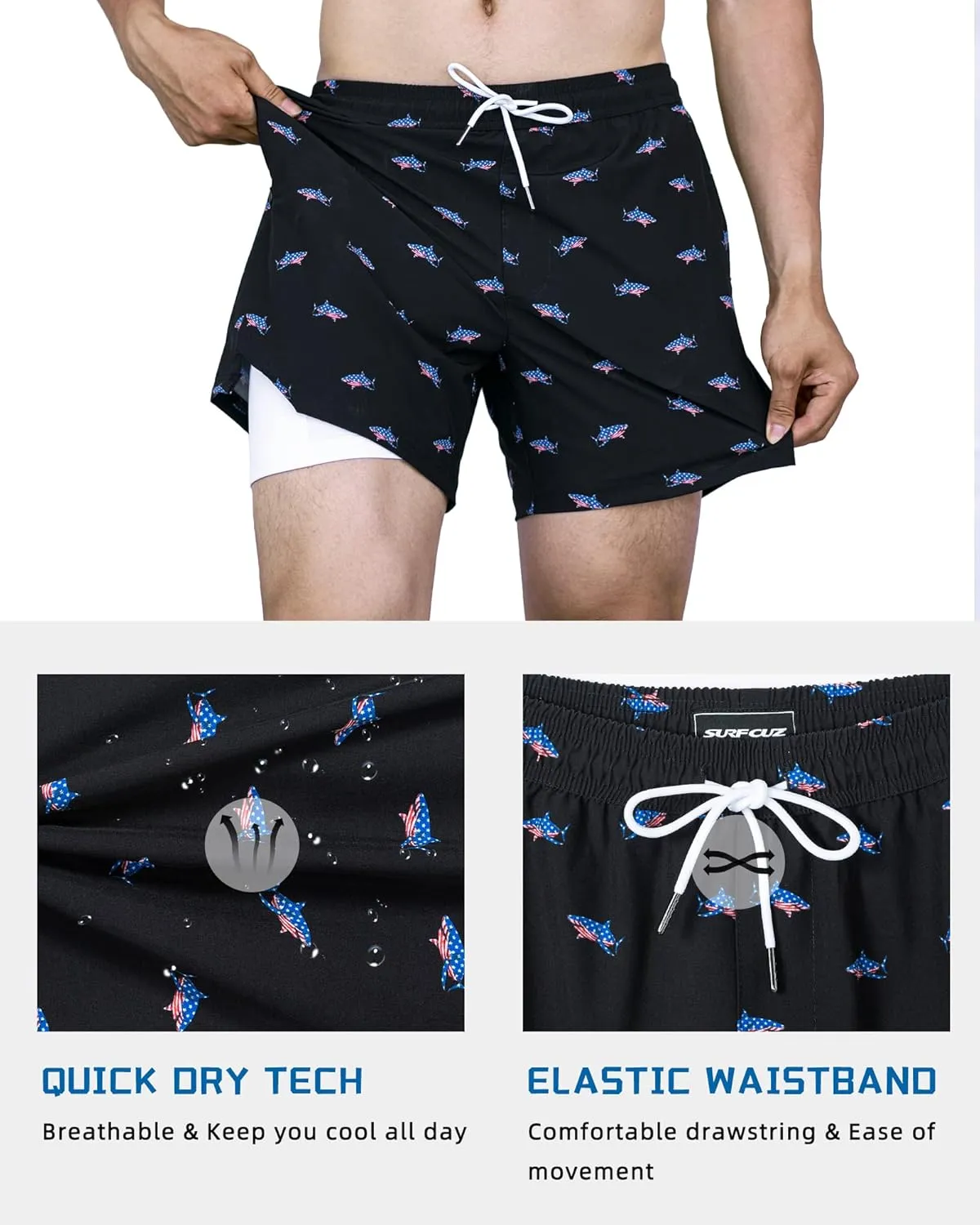 SURF CUZ Mens Swim Trunks with Compression Liner Swimming Trunks 5 Inch Bathing Suit Quick Dry Swim Shorts