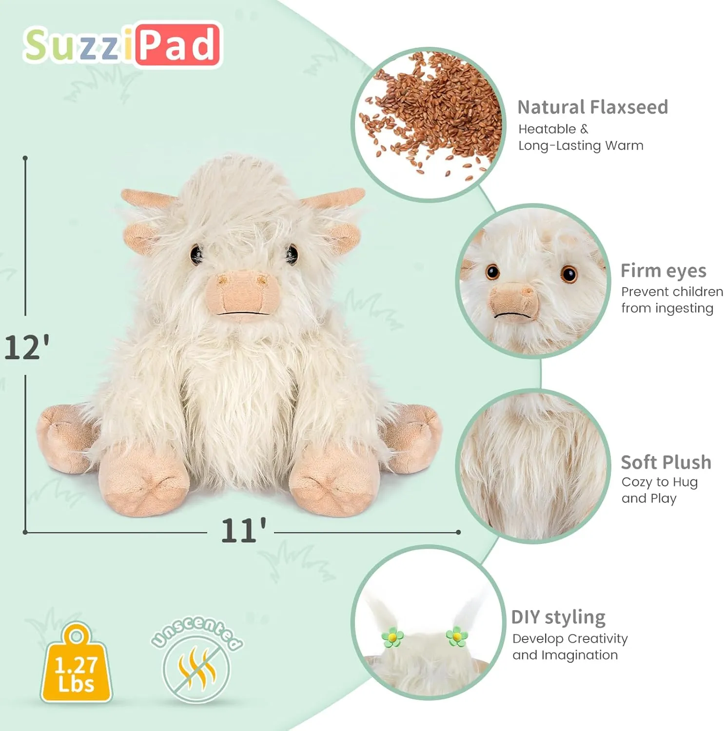 SUZZIPAD White Highland Cow Stuffed Animal, Microwave Plushies for Girls, Cute Warmer Plush Toy for Stress Relief, Gifts for Kids, Unscented