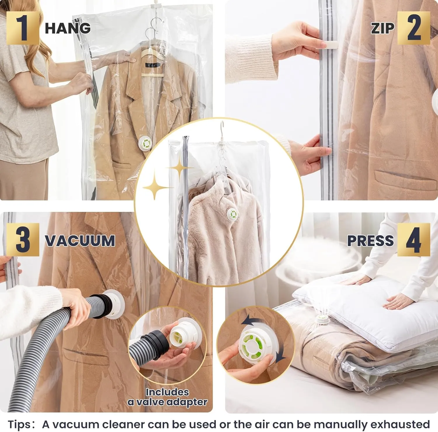 TAILI Hanging Vacuum Sealer Storage Space Saver Bags for Clothes, Closet, Travel, Side-Widen, 4 Pack (2 Long, 2 Short), Cream