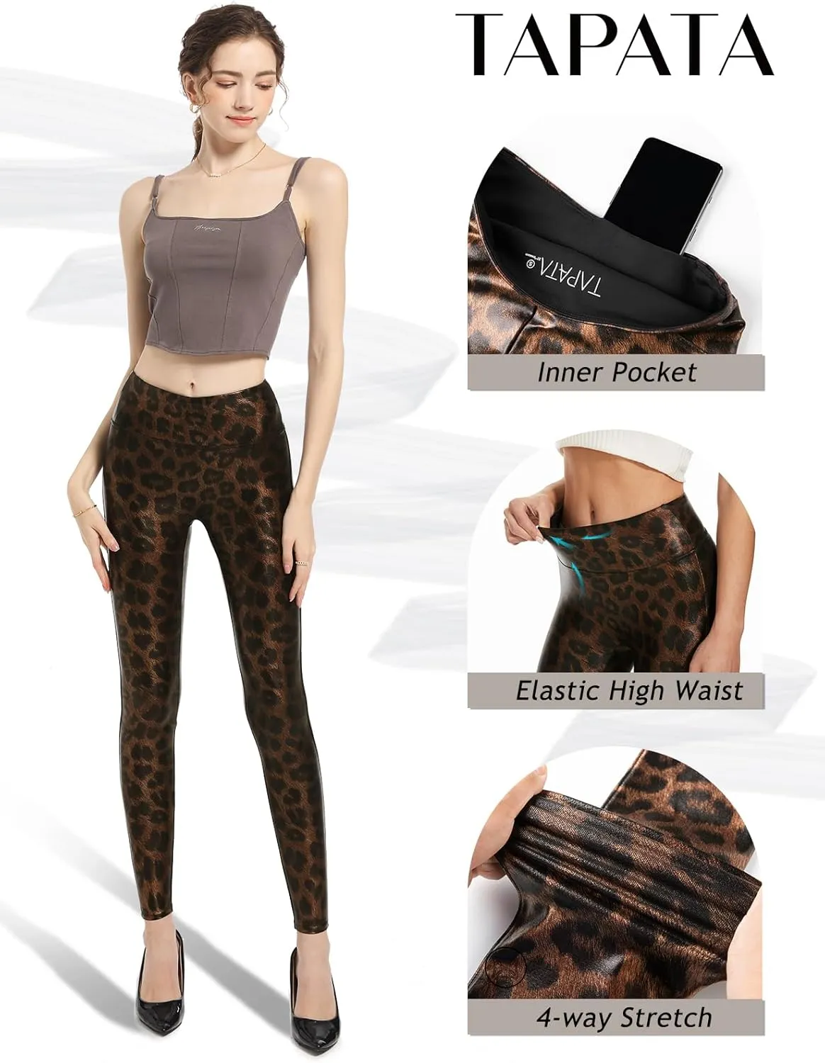 Tapata Petite Women's 25"/27"/29" Inseam Faux Leather Leggings High Waisted Pleather Yoga Pants