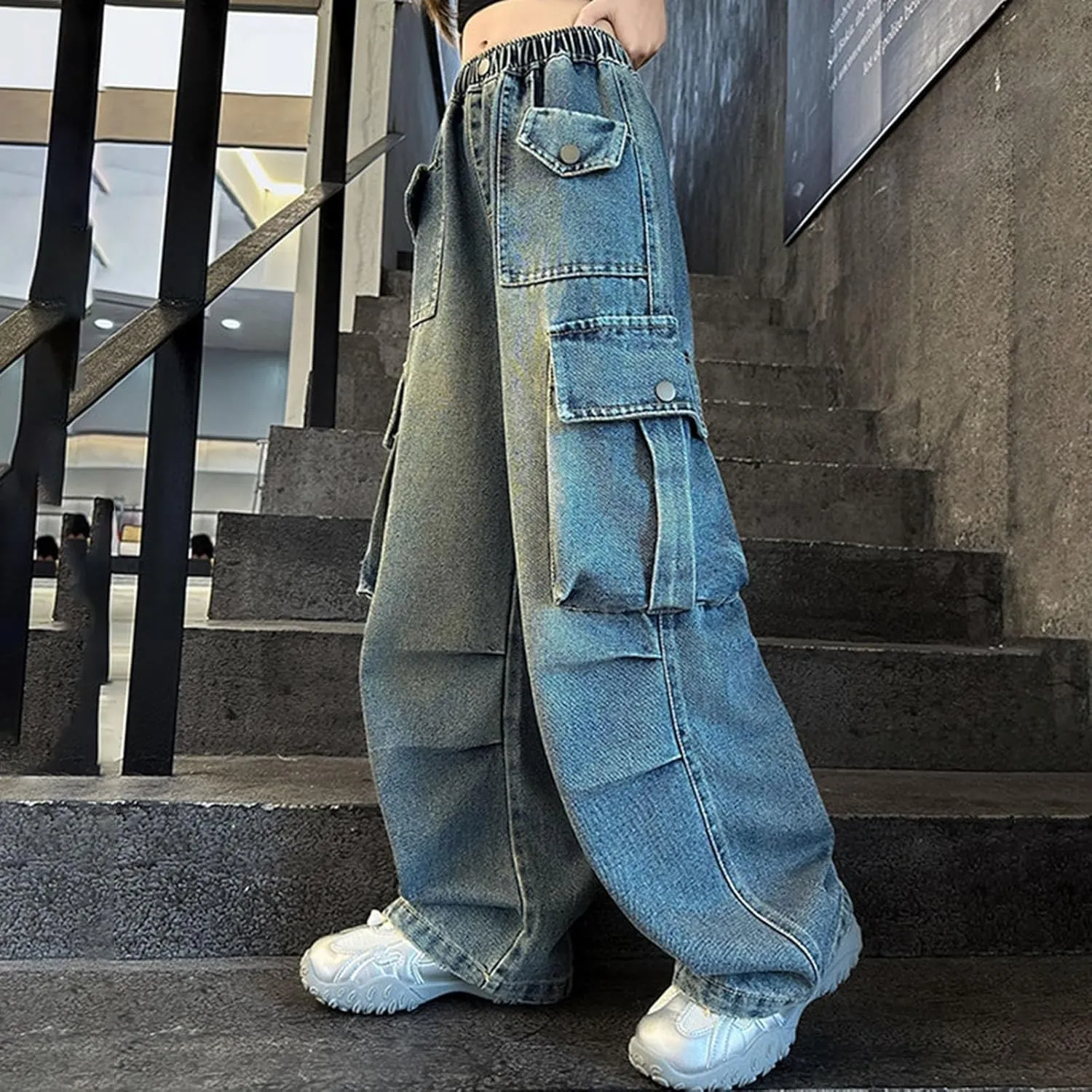 Teens Girls Wide Leg Pants Baggy Jeans High Elastic Waist Denim Cargo Pants Y2K Streetwear Distressed Boyfriend Jeans