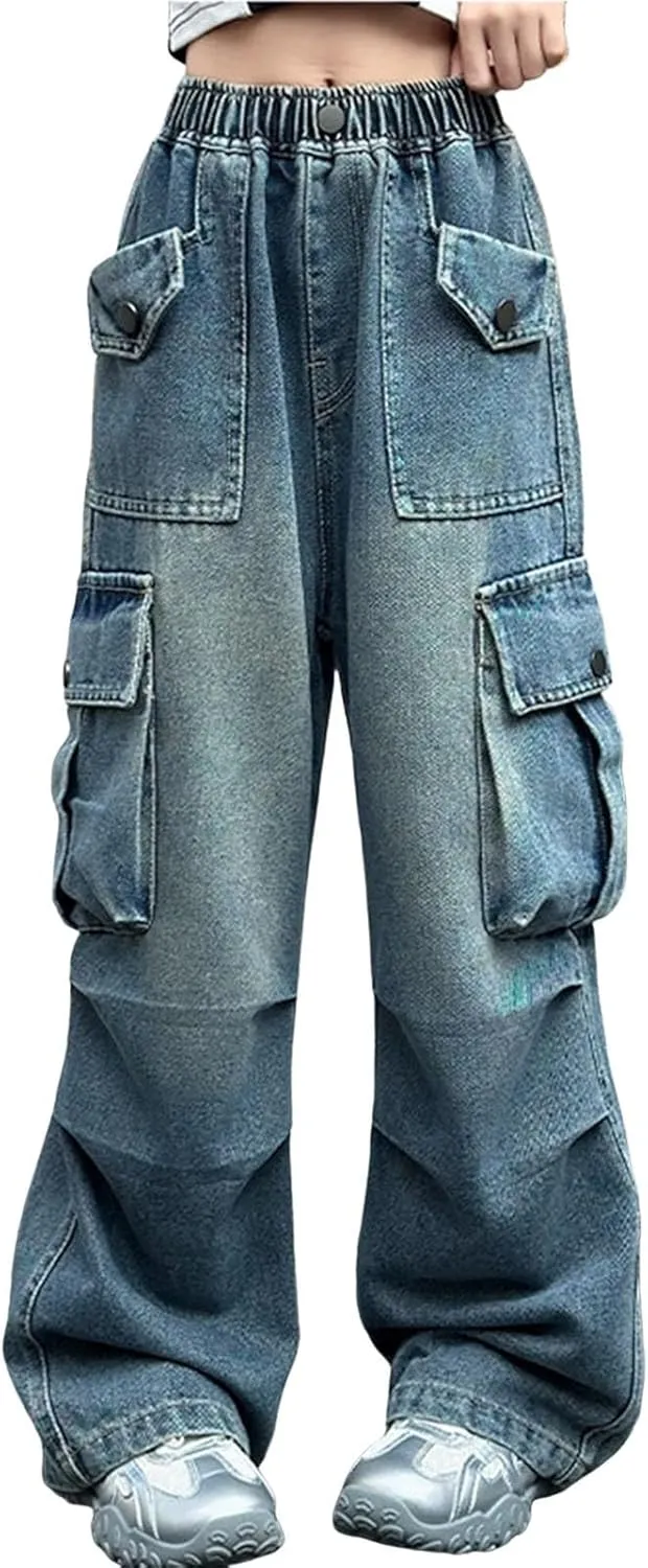 Teens Girls Wide Leg Pants Baggy Jeans High Elastic Waist Denim Cargo Pants Y2K Streetwear Distressed Boyfriend Jeans