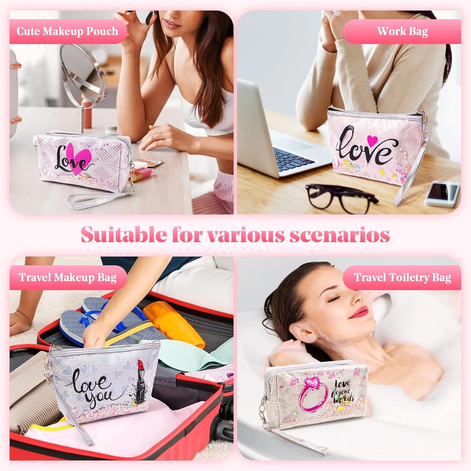 Travel Makeup Bag,Portable Cosmetic Bag, Large Capacity Travel Cosmetic Case Organizer, For Women Toiletry Bag With Zipper And Handle AB1 2 PACK