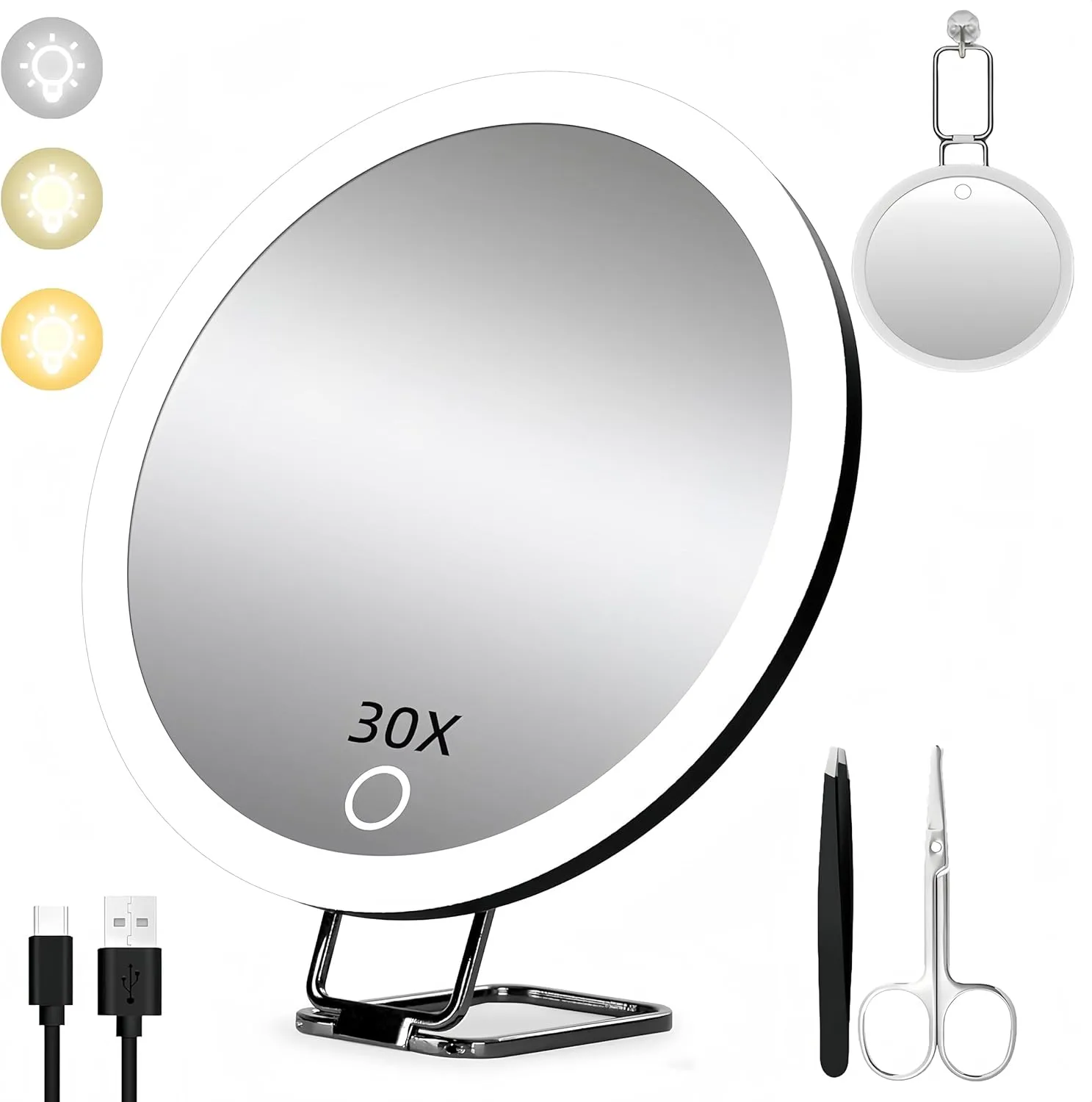 Travel Makeup Mirror with Lights, 30X Magnifying, Portable USB Rechargeable, 3 Colors, Tabletop & Hanging & Portable