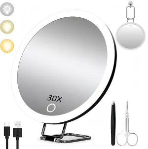 Travel Makeup Mirror with Lights, 30X Magnifying, Portable USB Rechargeable, 3 Colors, Tabletop & Hanging & Portable