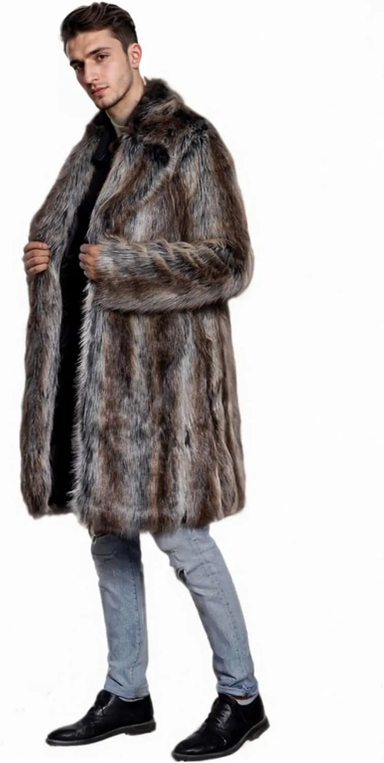 UMREN Men's Luxury Faux Fur Coat Jacket Winter Warm Long Coats Overwear Outwear