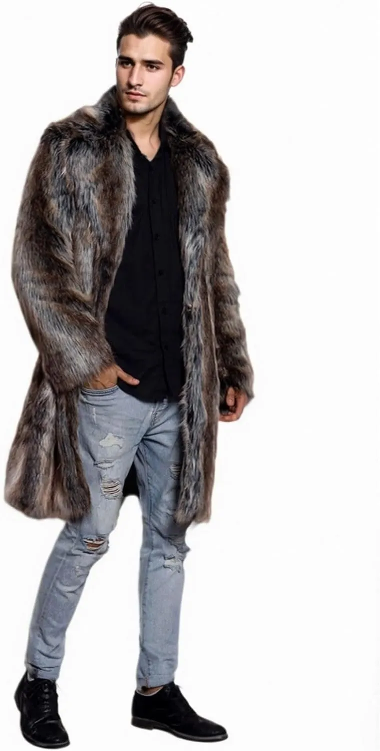 UMREN Men's Luxury Faux Fur Coat Jacket Winter Warm Long Coats Overwear Outwear