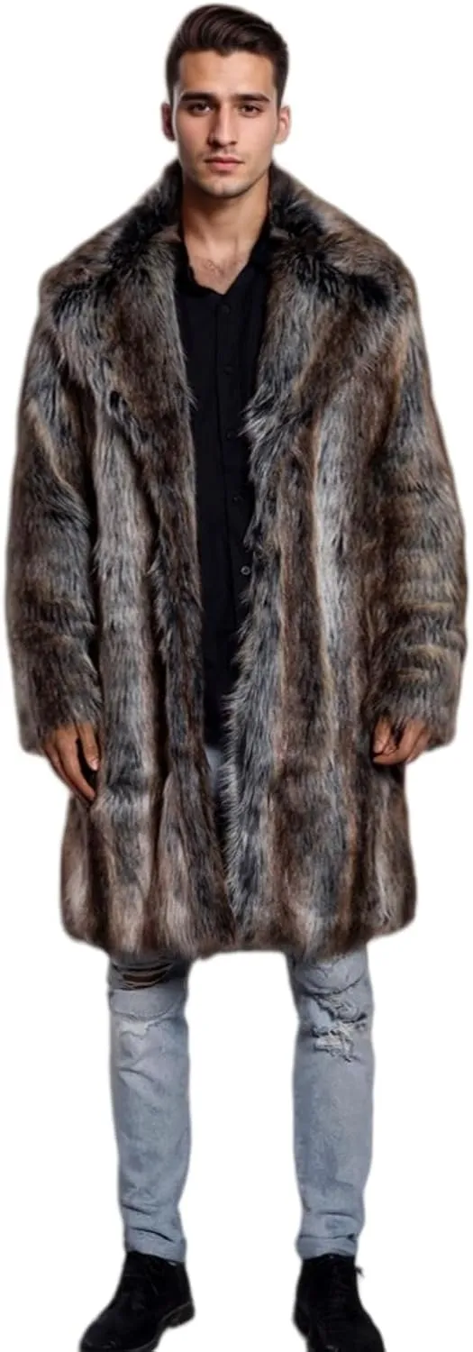 UMREN Men's Luxury Faux Fur Coat Jacket Winter Warm Long Coats Overwear Outwear