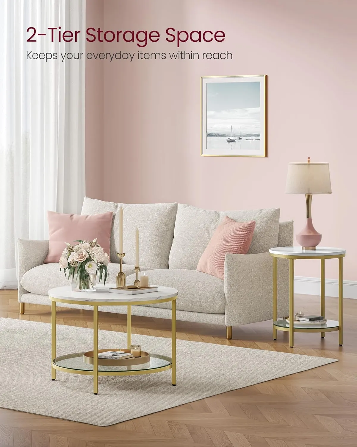 VASAGLE Round Coffee Table, Small Coffee Table with Faux Marble Top and Glass Storage Shelf, 2-Tier Circle Coffee Table, Modern Center Table for Living Room, Marble White and Pale Gold ULCT072W59