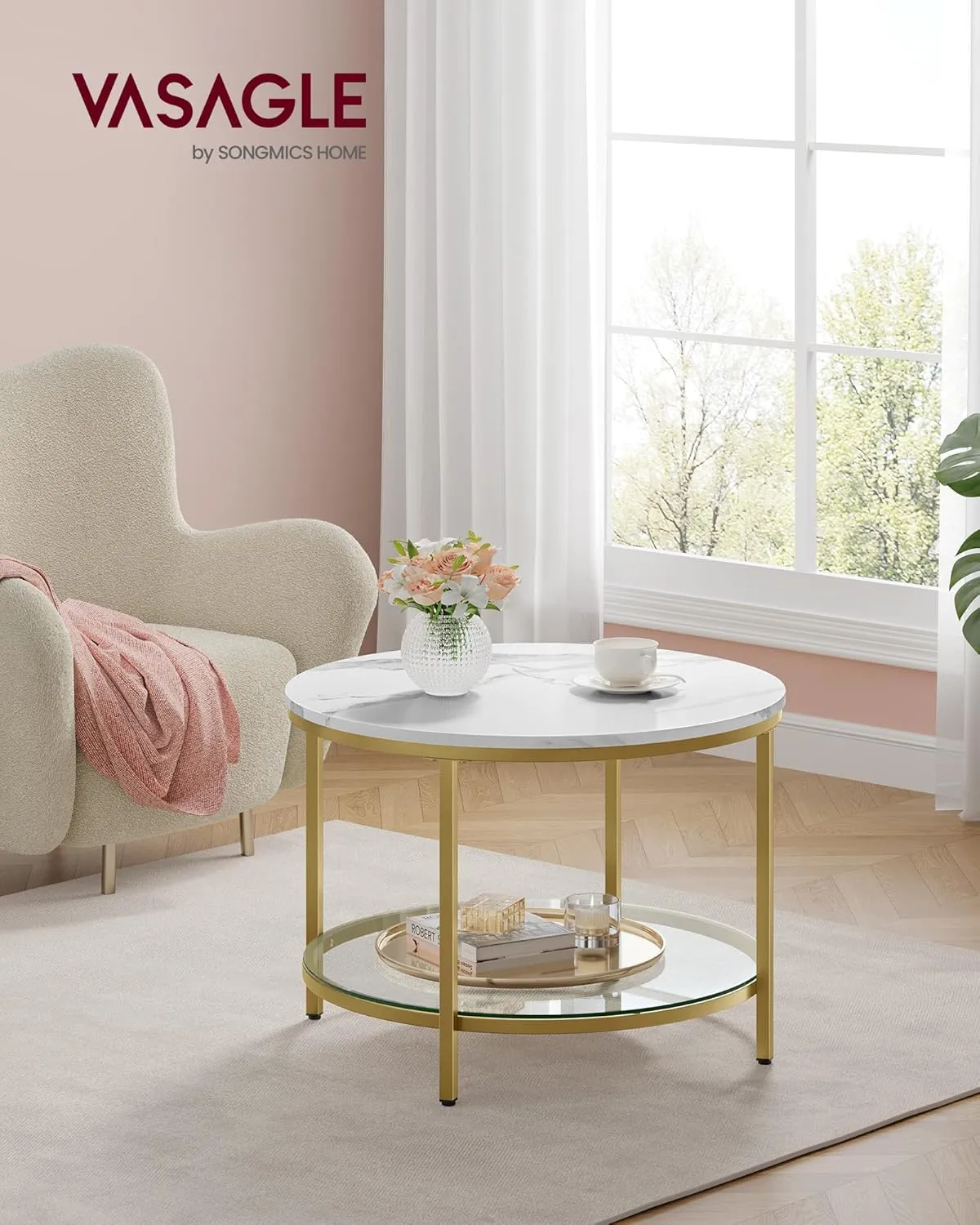 VASAGLE Round Coffee Table, Small Coffee Table with Faux Marble Top and Glass Storage Shelf, 2-Tier Circle Coffee Table, Modern Center Table for Living Room, Marble White and Pale Gold ULCT072W59