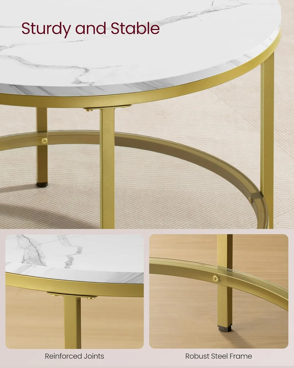 VASAGLE Round Coffee Table, Small Coffee Table with Faux Marble Top and Glass Storage Shelf, 2-Tier Circle Coffee Table, Modern Center Table for Living Room, Marble White and Pale Gold ULCT072W59