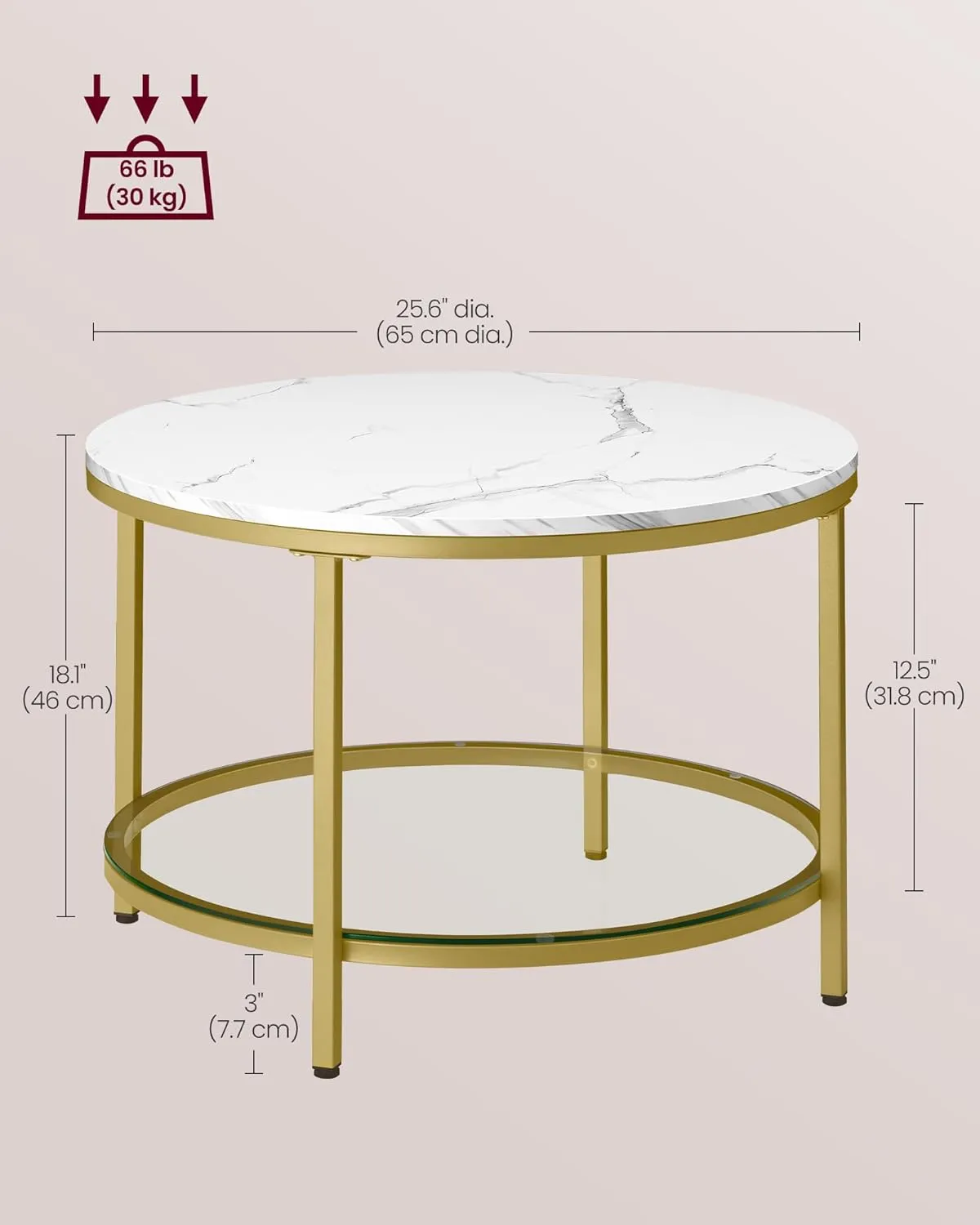 VASAGLE Round Coffee Table, Small Coffee Table with Faux Marble Top and Glass Storage Shelf, 2-Tier Circle Coffee Table, Modern Center Table for Living Room, Marble White and Pale Gold ULCT072W59
