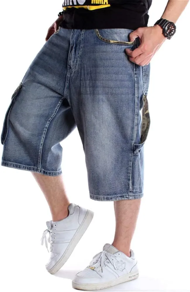 Veroders Men's Summer Shorts Baggy Hip Hop Black Jeans - Casual Straight Short Skateboard Pants Loose Jogging Jeans