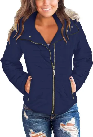 Vetinee Women Casual Faux Fur Lapel Zip Pockets Quilted Parka Jacket Puffer Coat
