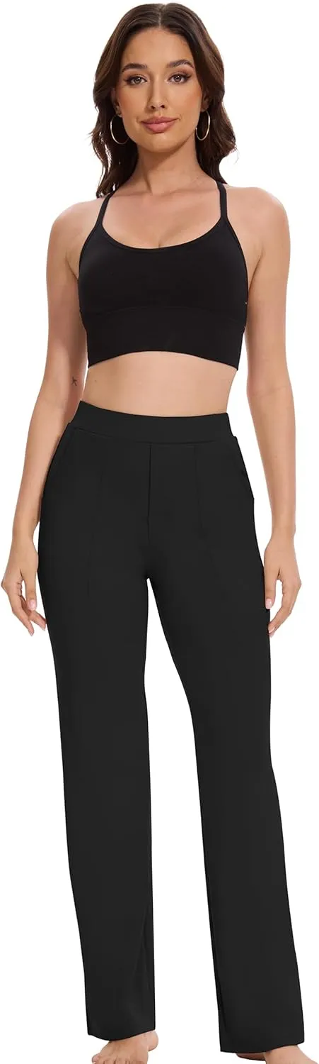 VIMPEP Women’s Soft Feeling Straight Yoga Pants Pull On Tuck Line Stretchy Dress Pants for Business Casual Petite/Regular 106