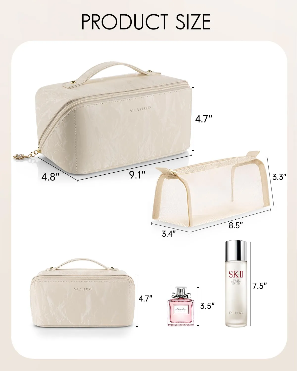 Vlando Makeup Bag,Travel Makeup Bag Christmas Gifts for Women Travelers Open Flat Make up Organizer,Gift Ideas for Girls,Sister(Cream White)