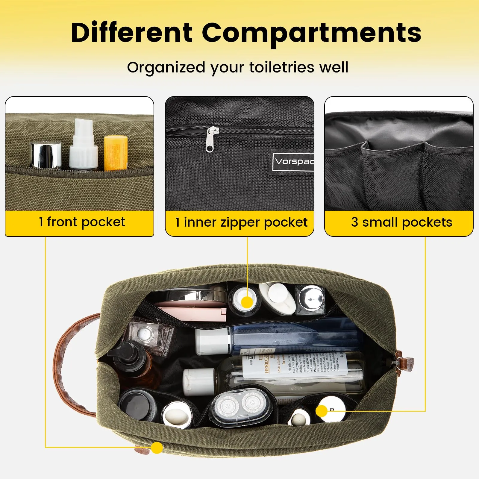 Vorspack Toiletry Bag Hanging Dopp Kit for Men Water Resistant Canvas Shaving Bag with Large Capacity for Travel - Green