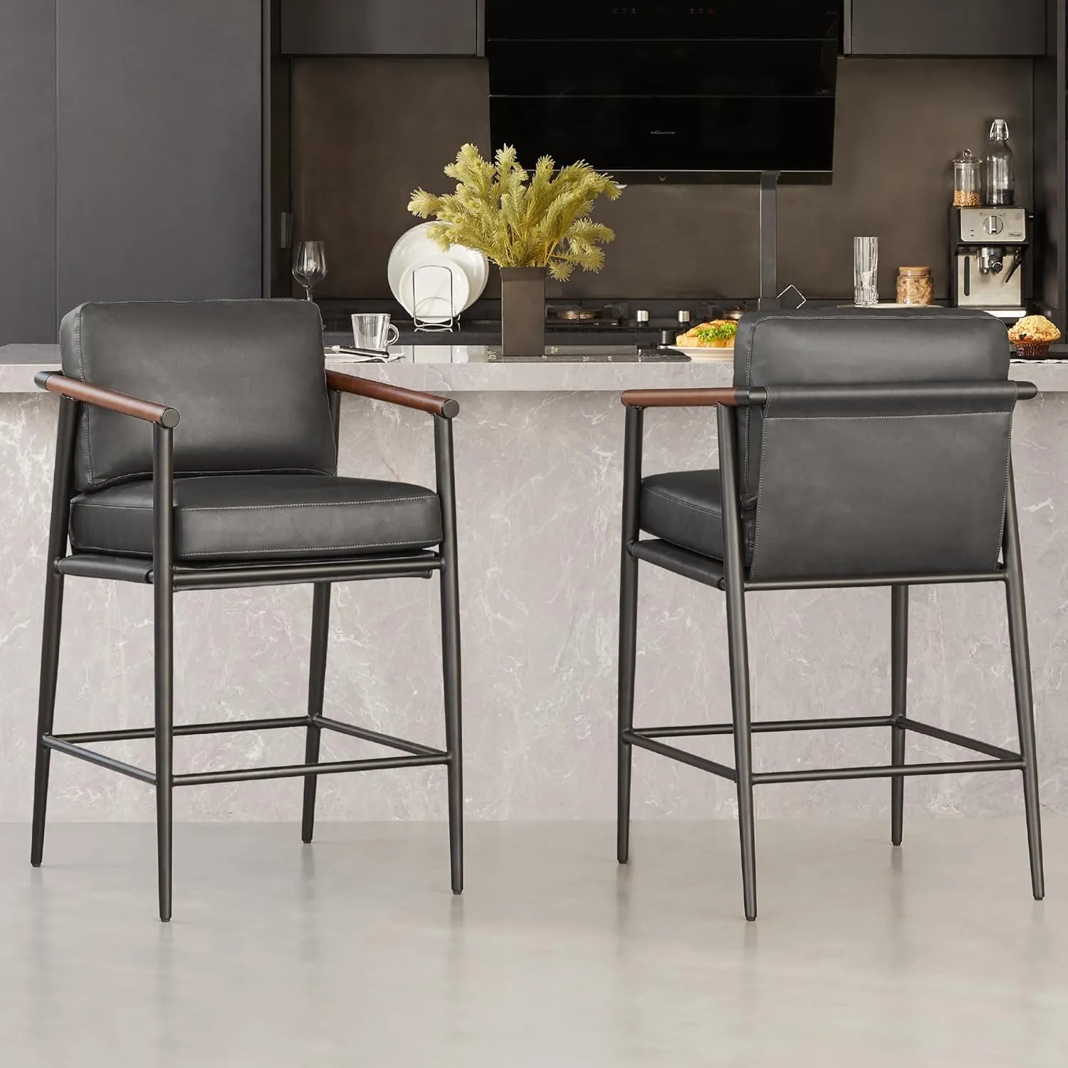 Watson & Whitely Mid Century Modern Barstools Set of 2, 26" H Upholstered Counter Height Bar Stools with Wood Armrests and Metal Legs, Faux Leather in Grey