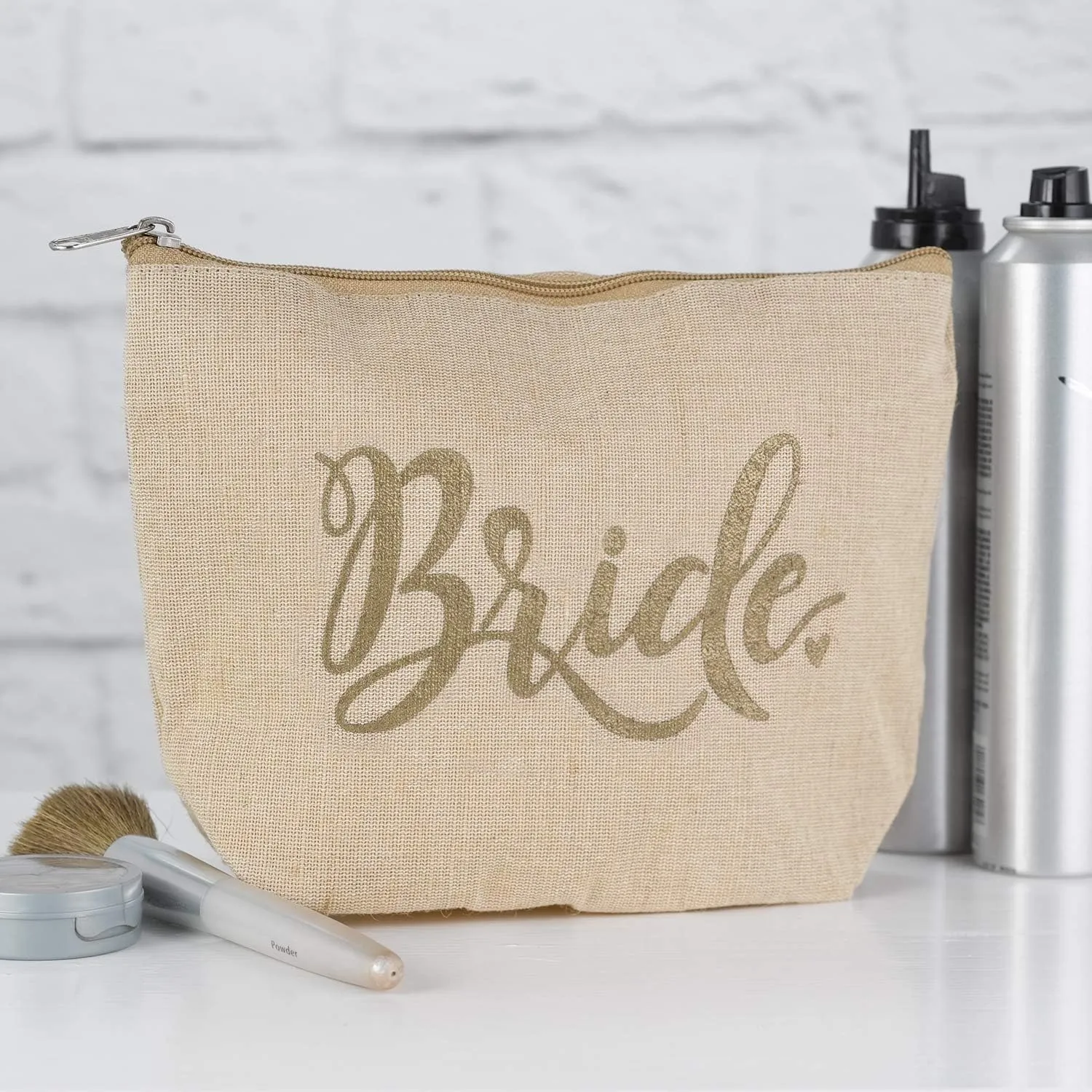 Wedding Accessories Bride Flourish Jute Cosmetic Bag, 10 x7-Inches