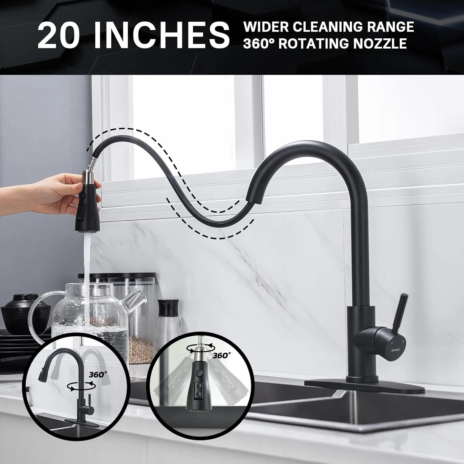 Wewe Black Kitchen Sink Faucets: Water Faucet with Pull Down Sprayer Stainless Steel Single Handle 1 Or 3 Hole for Farmhouse Commercial Camper Laundry Rv Bar