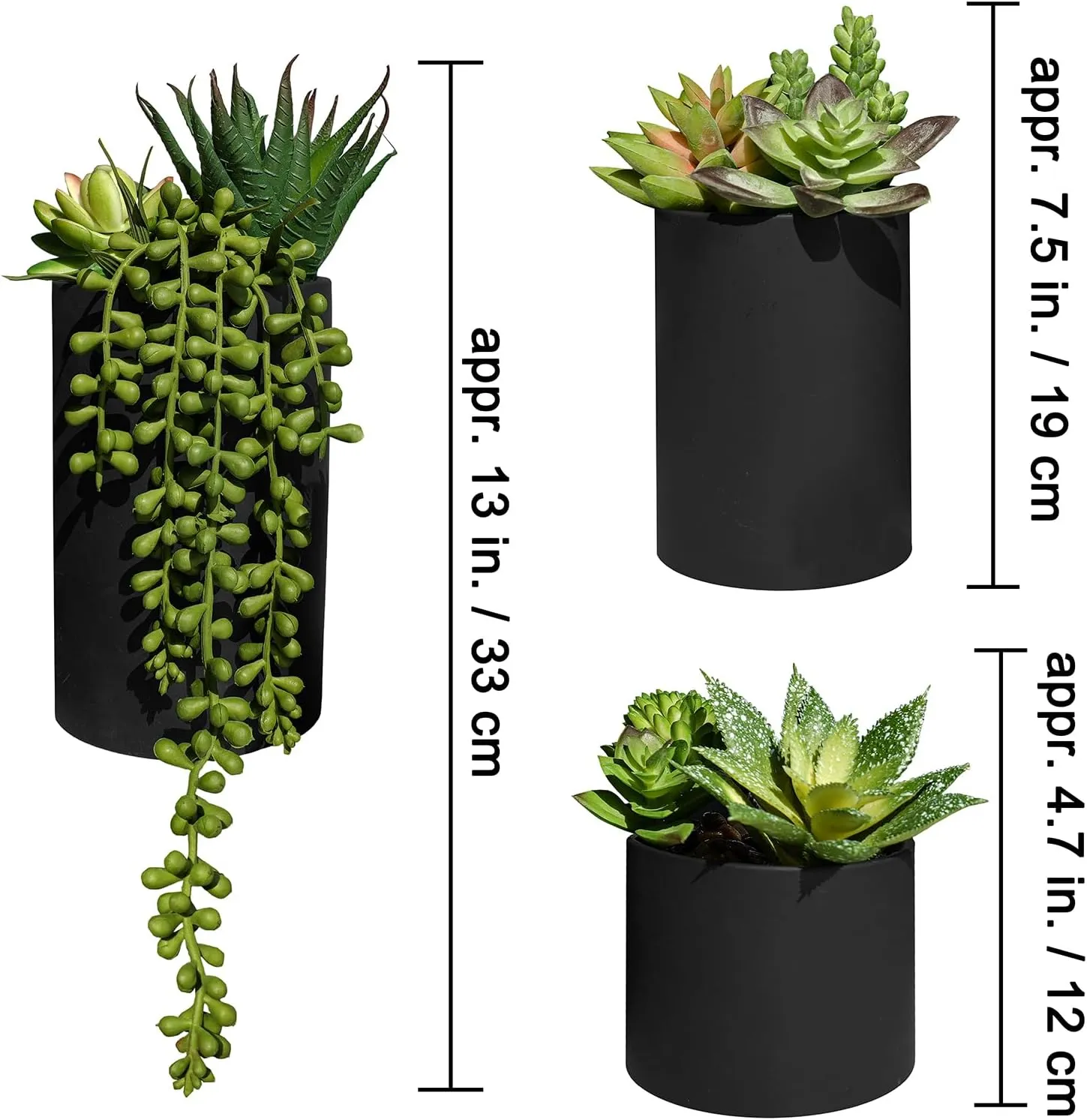 Winlyn Set of 3 Assorted Artificial Potted Succulent Plants Faux Succulent Arrangements in Black Concrete Pots Decorative Fake Plants 4.7"-9.1" Tall for Indoor Home Bathroom Office Desk Table Shelf