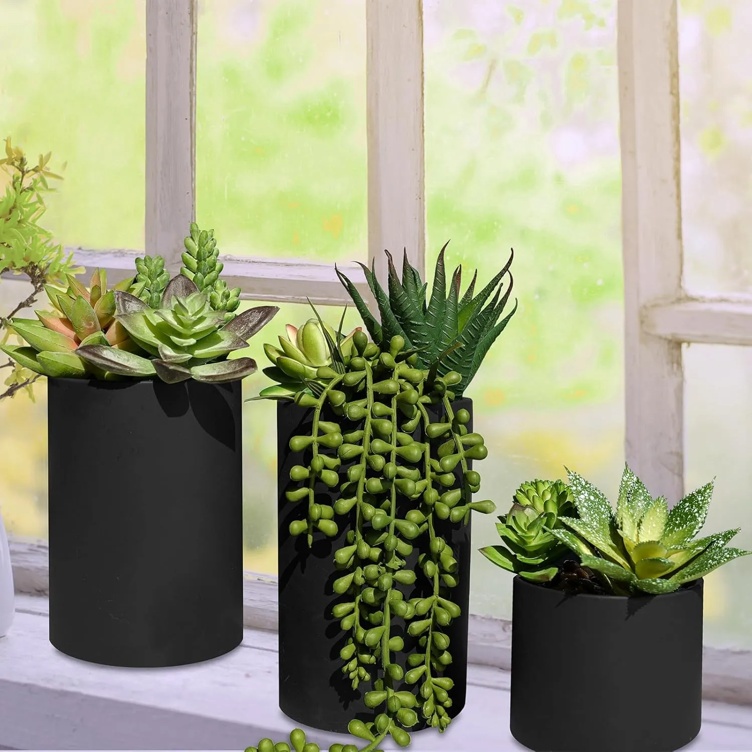 Winlyn Set of 3 Assorted Artificial Potted Succulent Plants Faux Succulent Arrangements in Black Concrete Pots Decorative Fake Plants 4.7"-9.1" Tall for Indoor Home Bathroom Office Desk Table Shelf