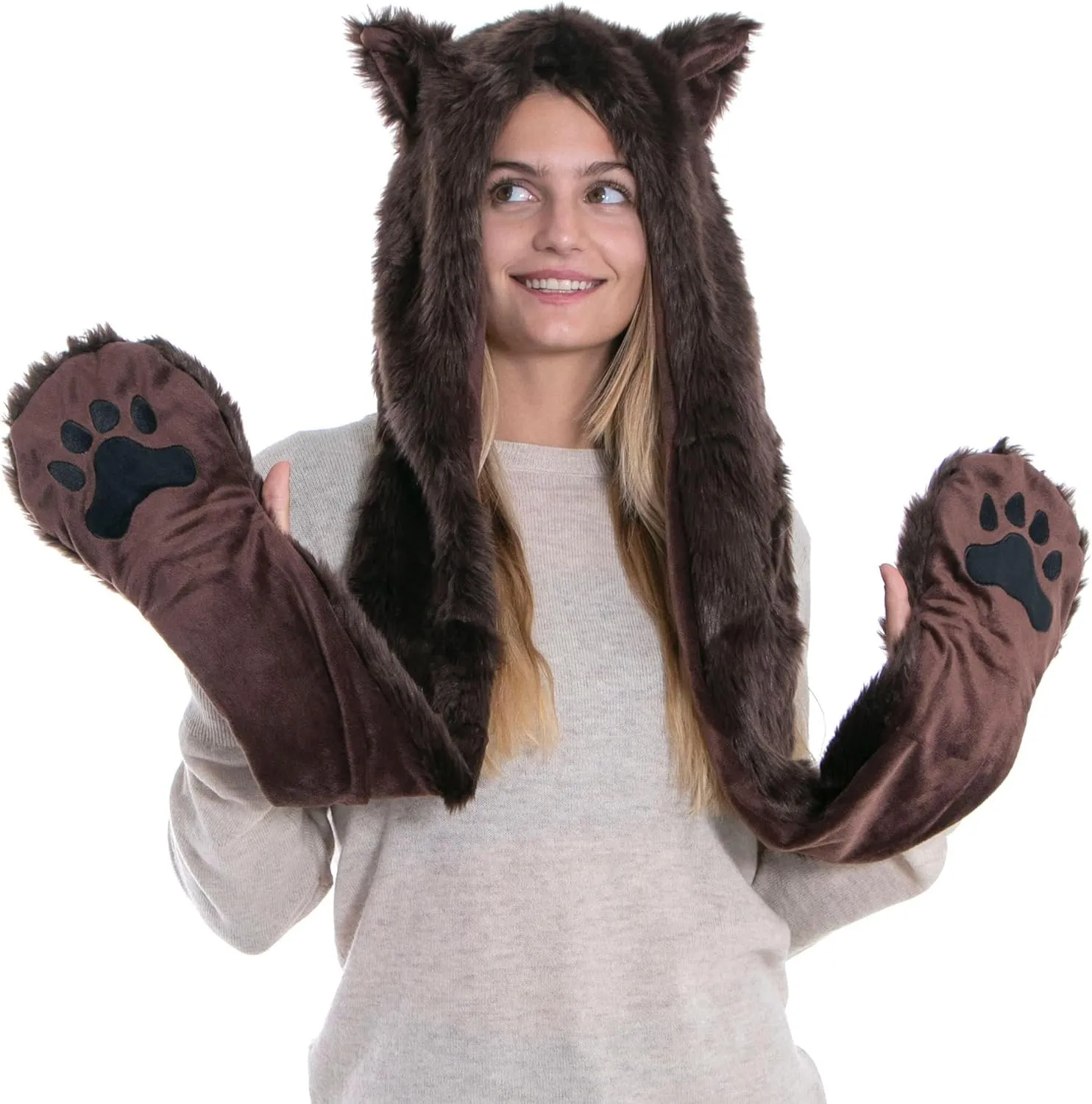 Winter Warm Plush Faux Fur Animal Paws Hat Hoods Gloves Scarf