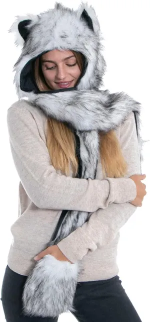 Winter Warm Plush Faux Fur Animal Paws Hat Hoods Gloves Scarf