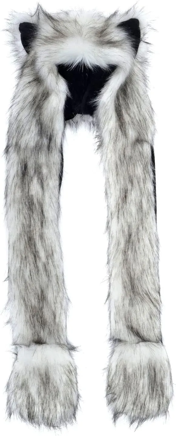 Winter Warm Plush Faux Fur Animal Paws Hat Hoods Gloves Scarf