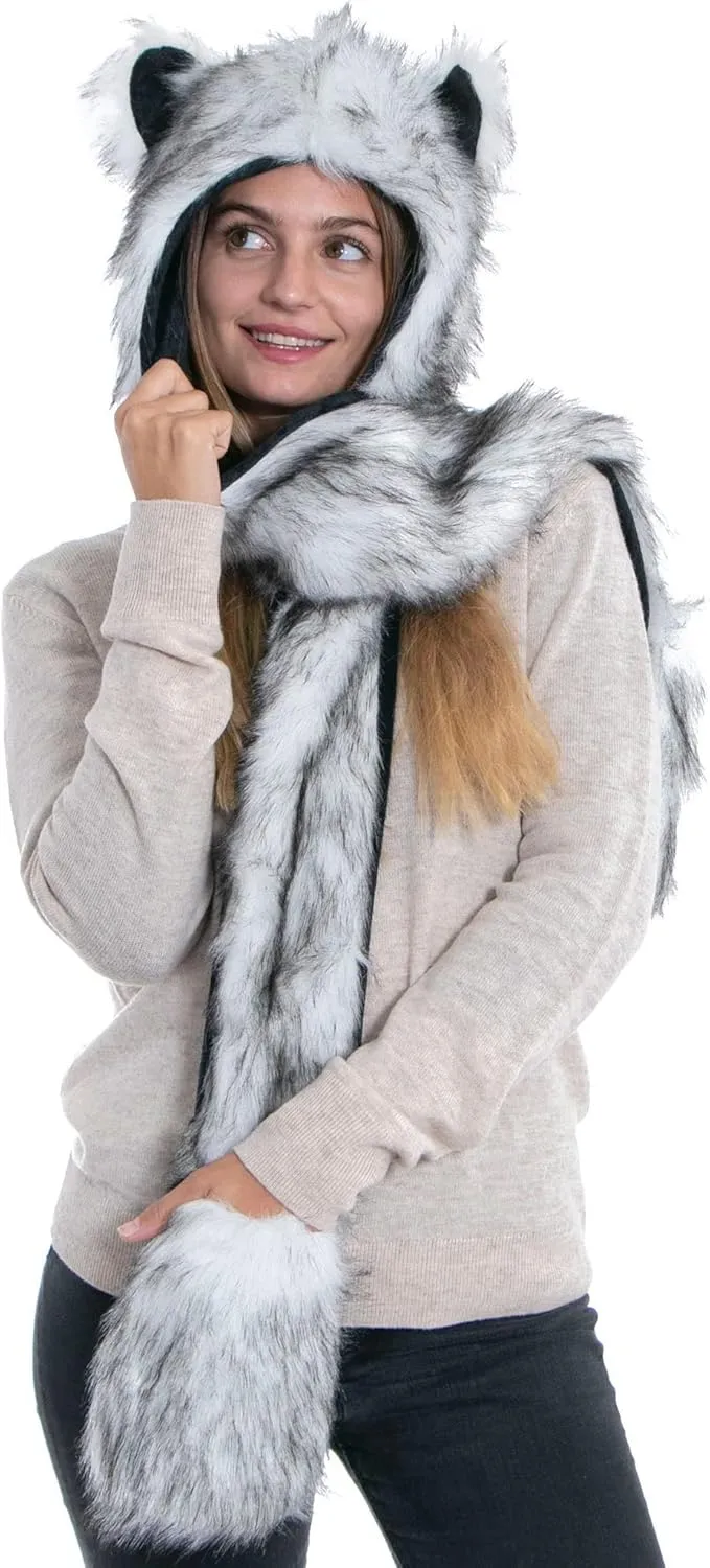 Winter Warm Plush Faux Fur Animal Paws Hat Hoods Gloves Scarf