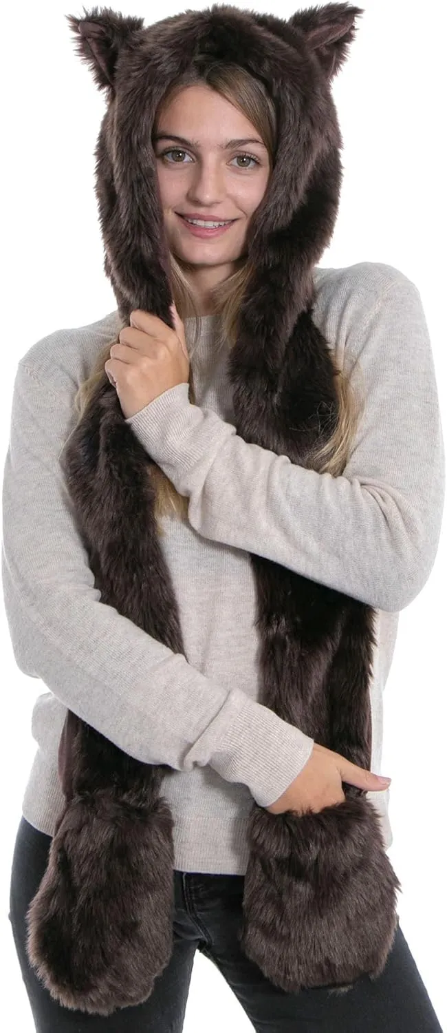 Winter Warm Plush Faux Fur Animal Paws Hat Hoods Gloves Scarf