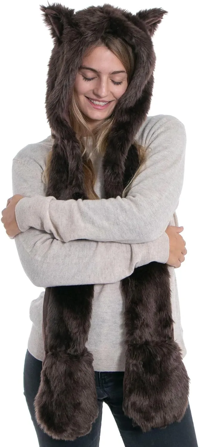 Winter Warm Plush Faux Fur Animal Paws Hat Hoods Gloves Scarf