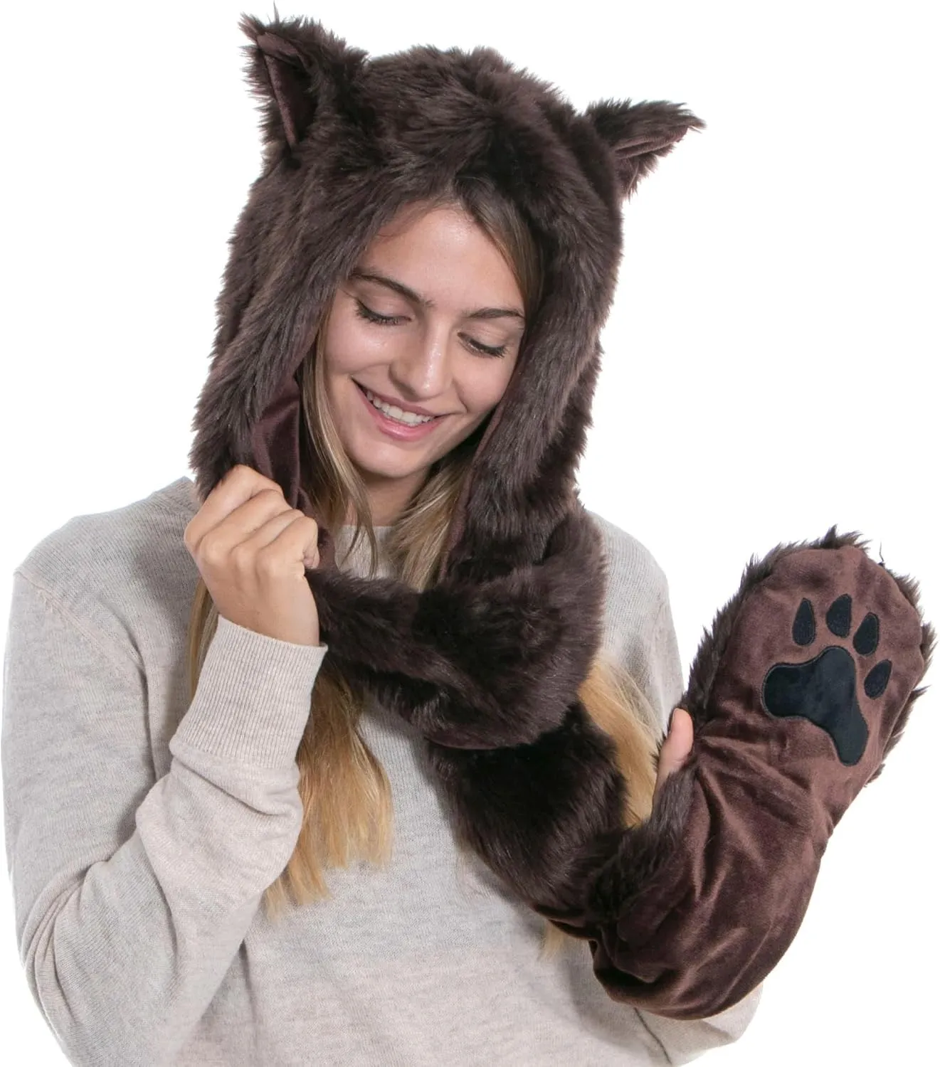 Winter Warm Plush Faux Fur Animal Paws Hat Hoods Gloves Scarf
