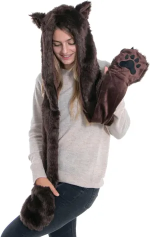 Winter Warm Plush Faux Fur Animal Paws Hat Hoods Gloves Scarf