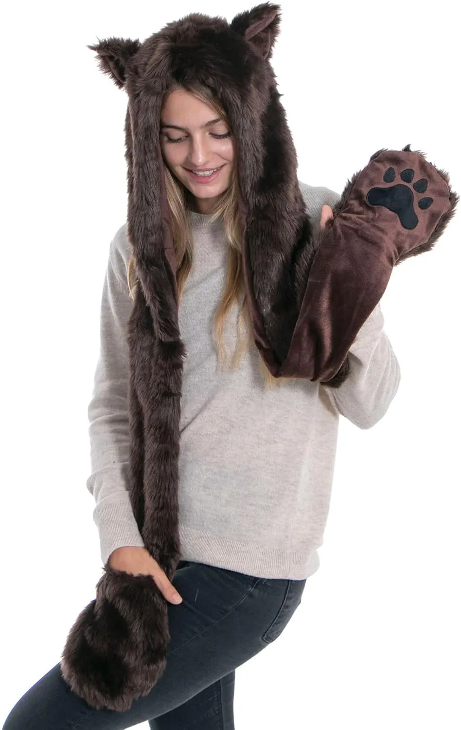 Winter Warm Plush Faux Fur Animal Paws Hat Hoods Gloves Scarf