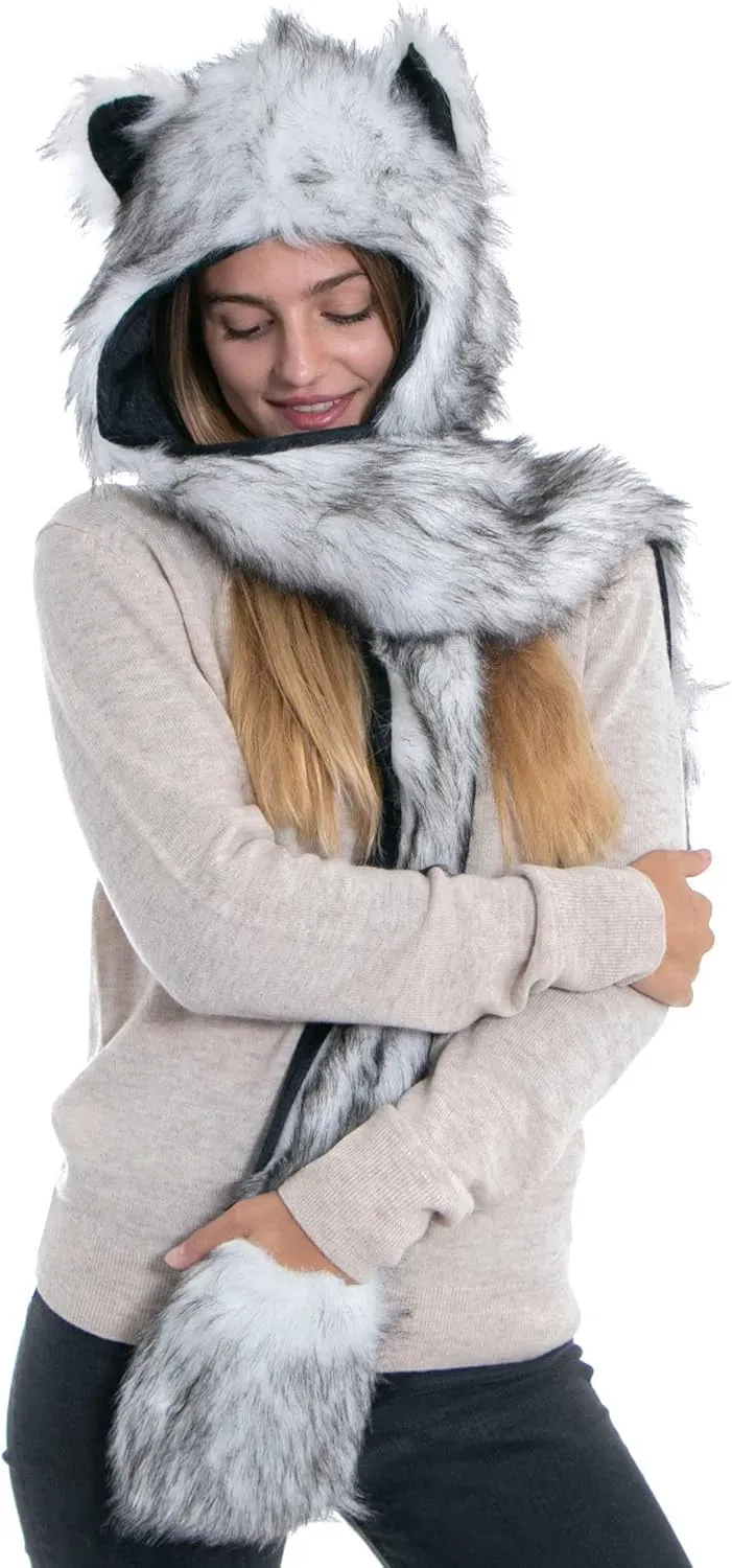 Winter Warm Plush Faux Fur Animal Paws Hat Hoods Gloves Scarf
