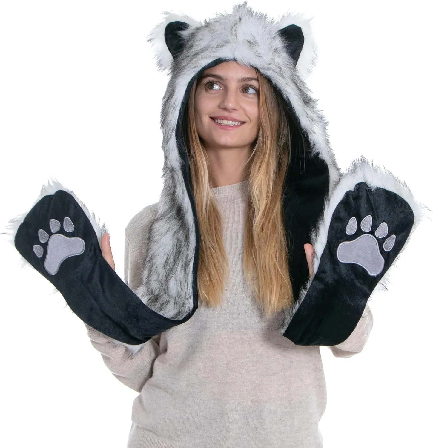 Winter Warm Plush Faux Fur Animal Paws Hat Hoods Gloves Scarf