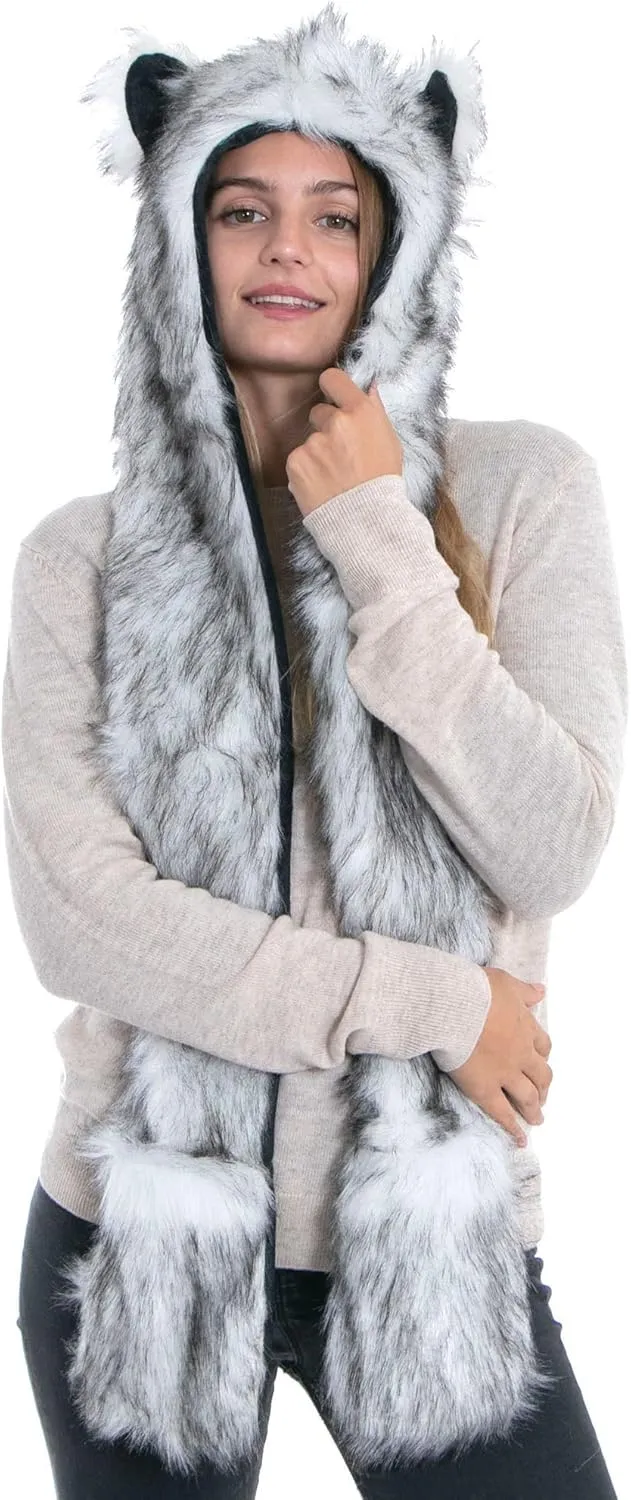 Winter Warm Plush Faux Fur Animal Paws Hat Hoods Gloves Scarf