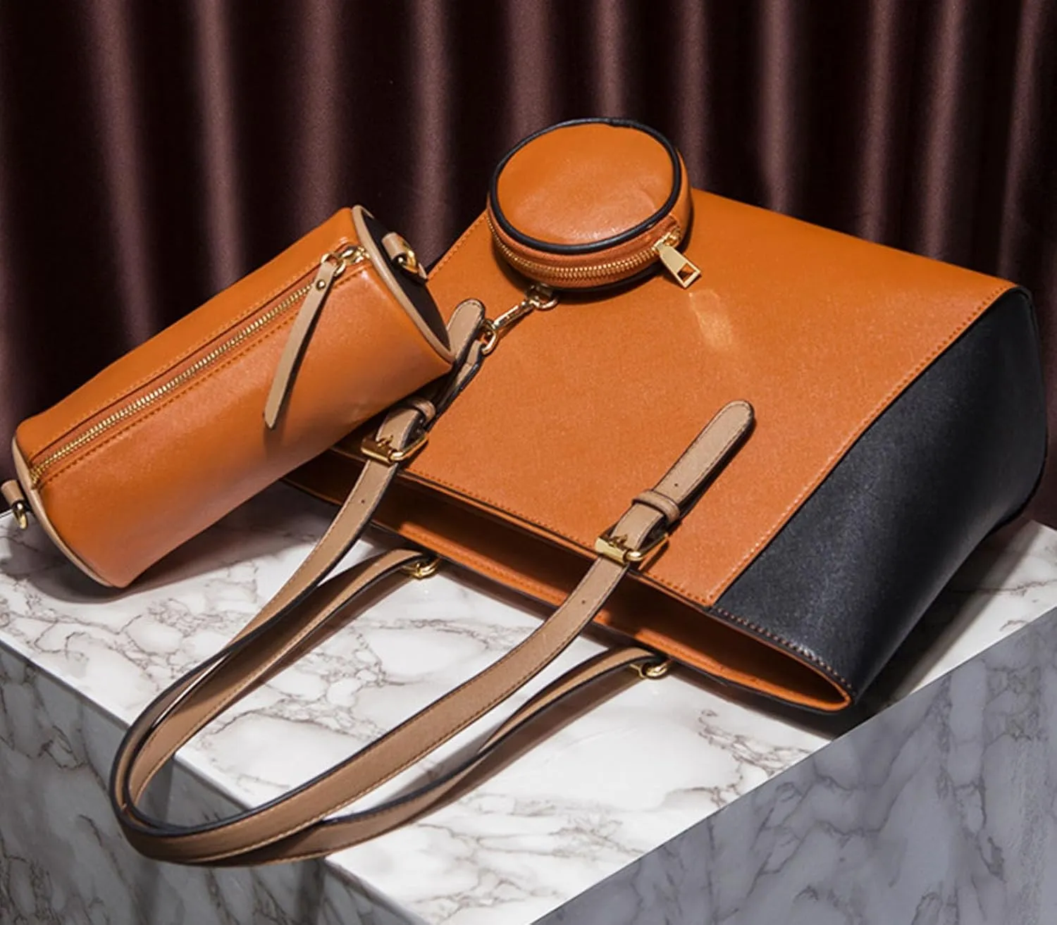 Women 3pcs Tote Shoulder Handbag Purse Set Faux Leather Cylindrical Crossbody Bag Coin Wallet