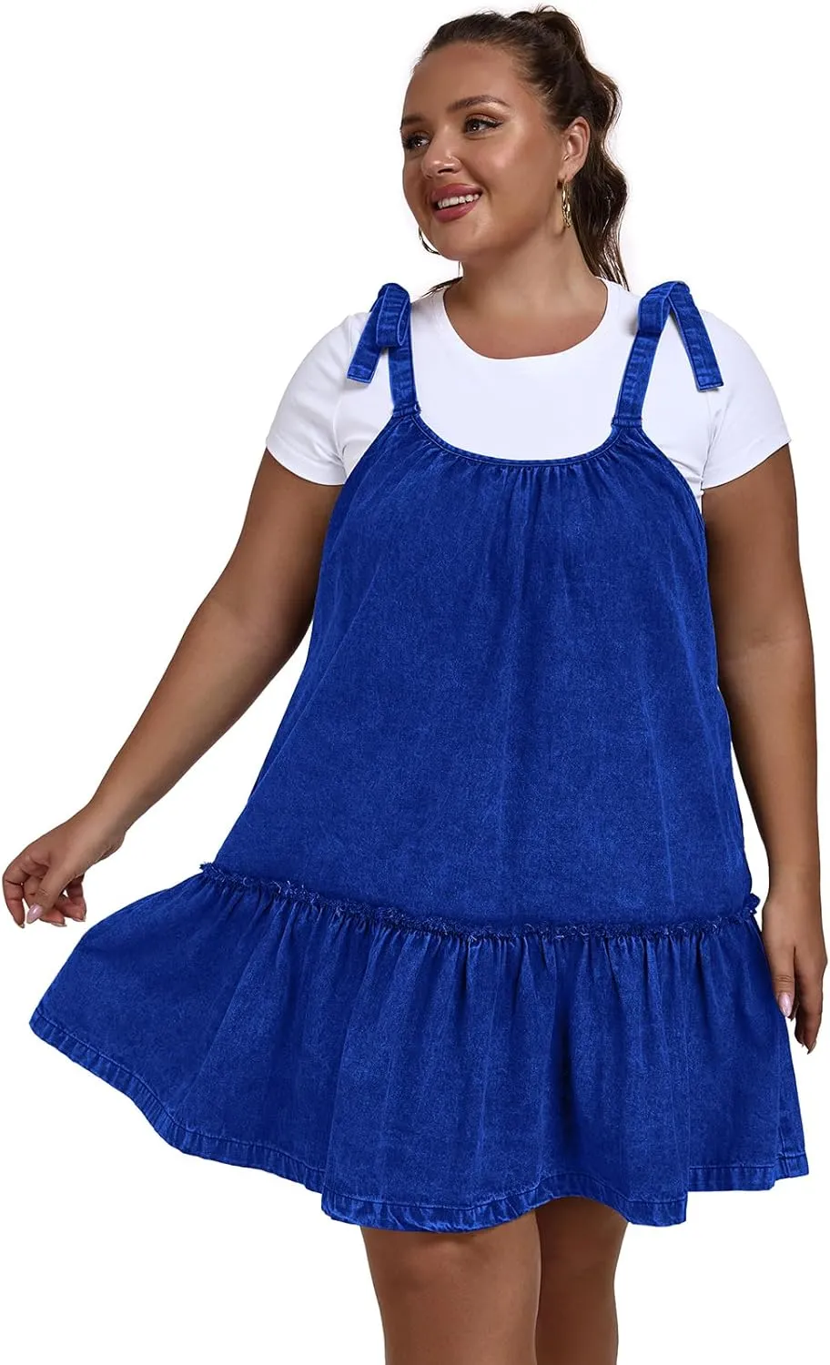 Women Denim Cami Dress Tie Shoulder Ruffle Hem Short Dresses Babydoll Wash Jean Sundress with Pocket