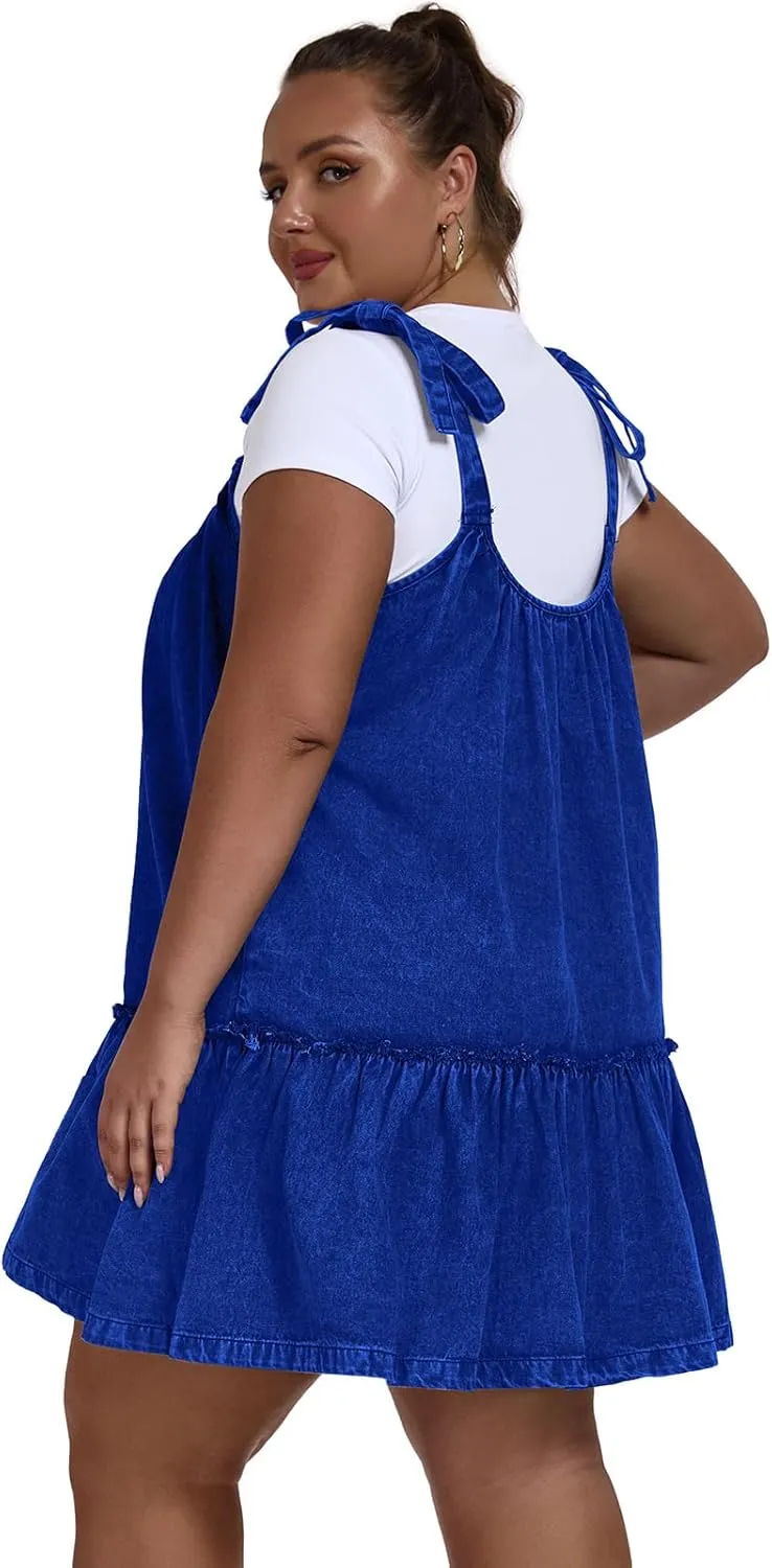 Women Denim Cami Dress Tie Shoulder Ruffle Hem Short Dresses Babydoll Wash Jean Sundress with Pocket
