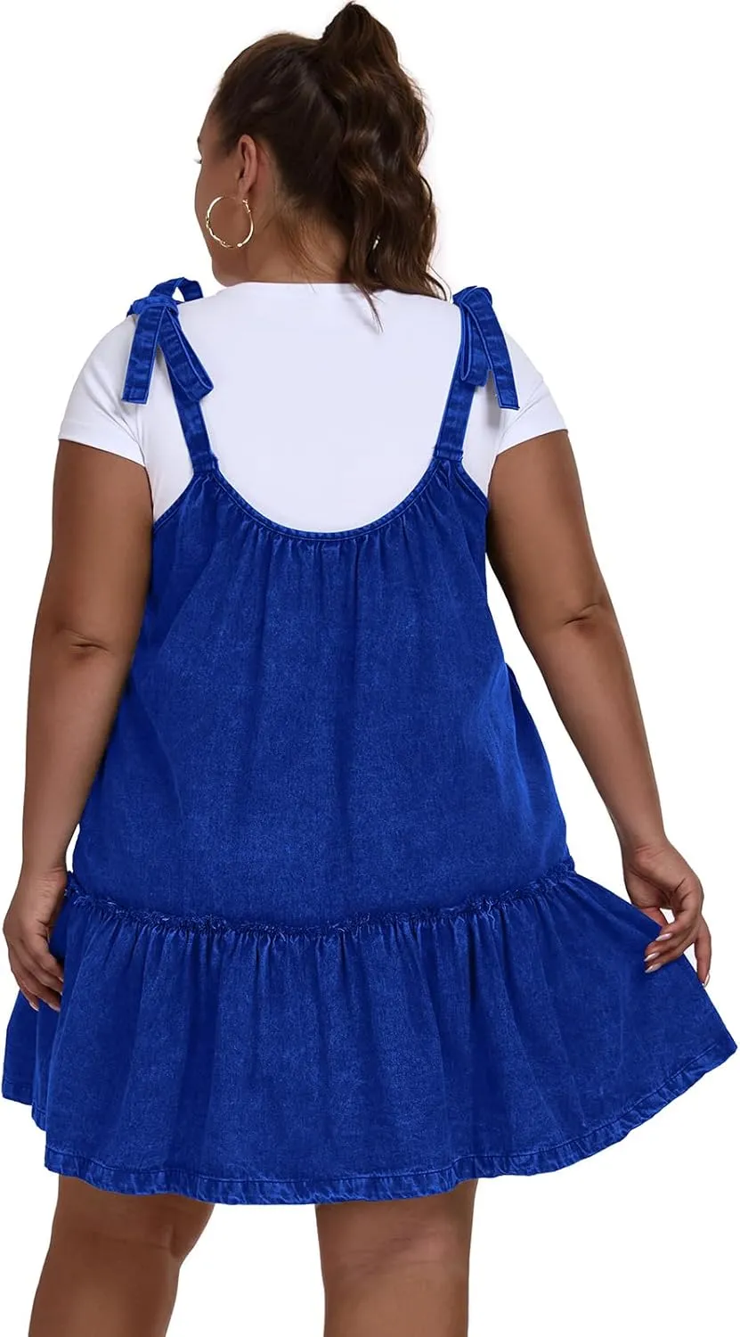 Women Denim Cami Dress Tie Shoulder Ruffle Hem Short Dresses Babydoll Wash Jean Sundress with Pocket