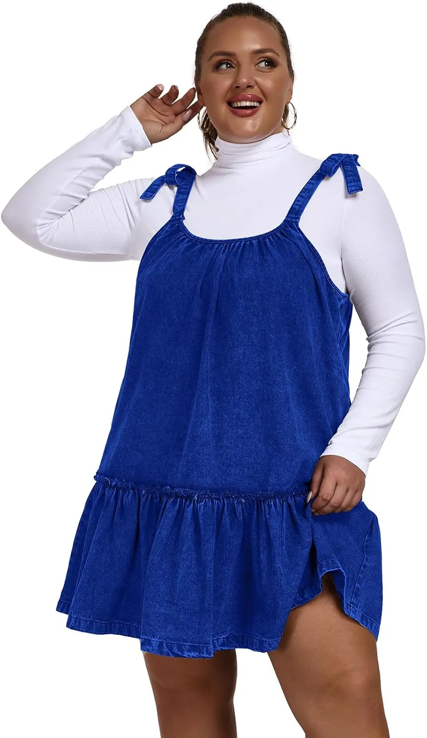 Women Denim Cami Dress Tie Shoulder Ruffle Hem Short Dresses Babydoll Wash Jean Sundress with Pocket