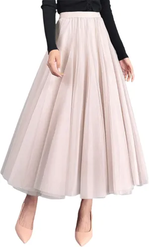 Women Mesh Skirt Solid Multilayer Pleated High Waist Lace Long Tulle Skirts for Wedding Party